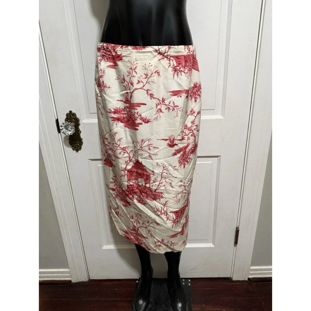 Talbots Asian Theme Womens Skirt Size 8 Silk Cream Red